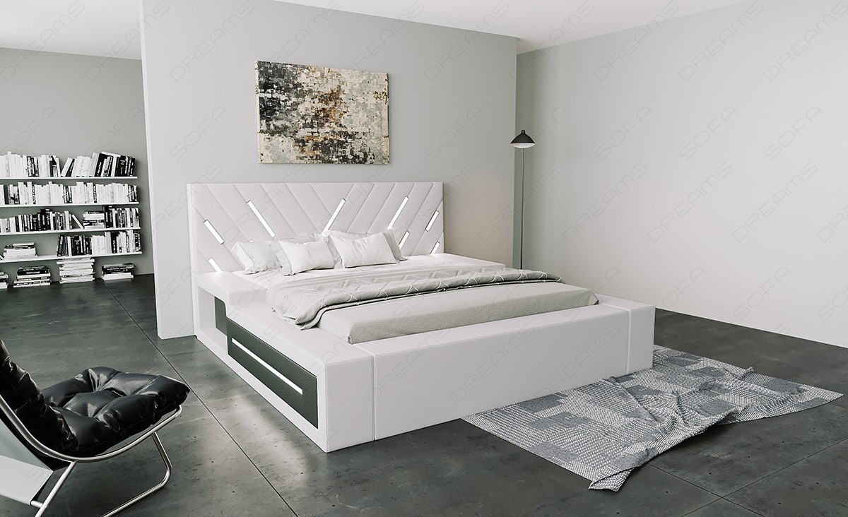 Modernes Bett Contrada in weiß mit schwarzem Seitenkasten
