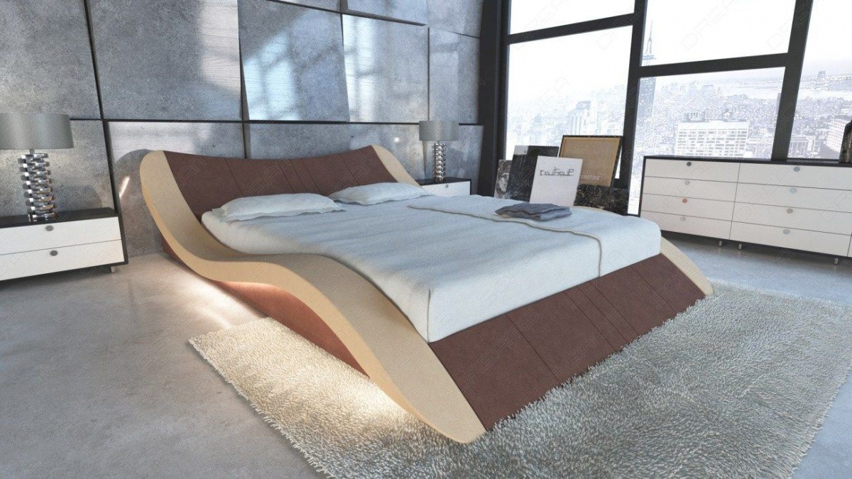 Designer Bett Frankfurt mit LED Beleuchtung in braun Mineva 5 - Nebenfarbe sand-beige