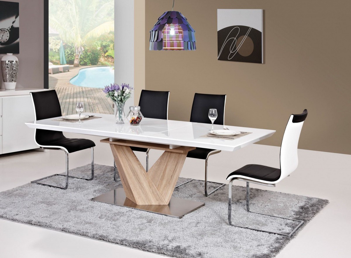 Esstisch Luxor modern mit edler Tischplatte in weiss hochglanz und Holzfuss.