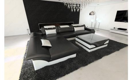 Monza L-Form Ledercouch Schwarz-Weiß
