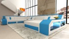 Couch Garnitur mit Ottomane Matera inkl. LED Beleuchtung in Leder weiss-blau
