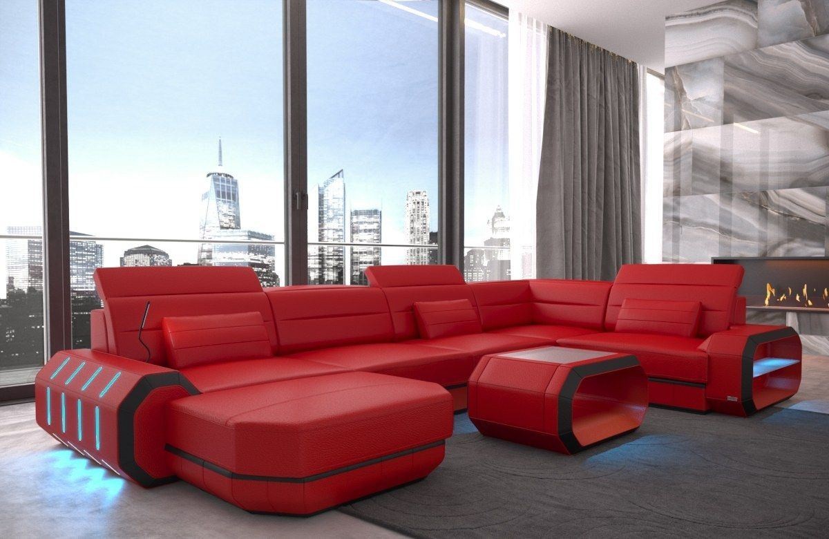 Sofa Wohnlandschaft Leder Roma U Form rot-schwarz