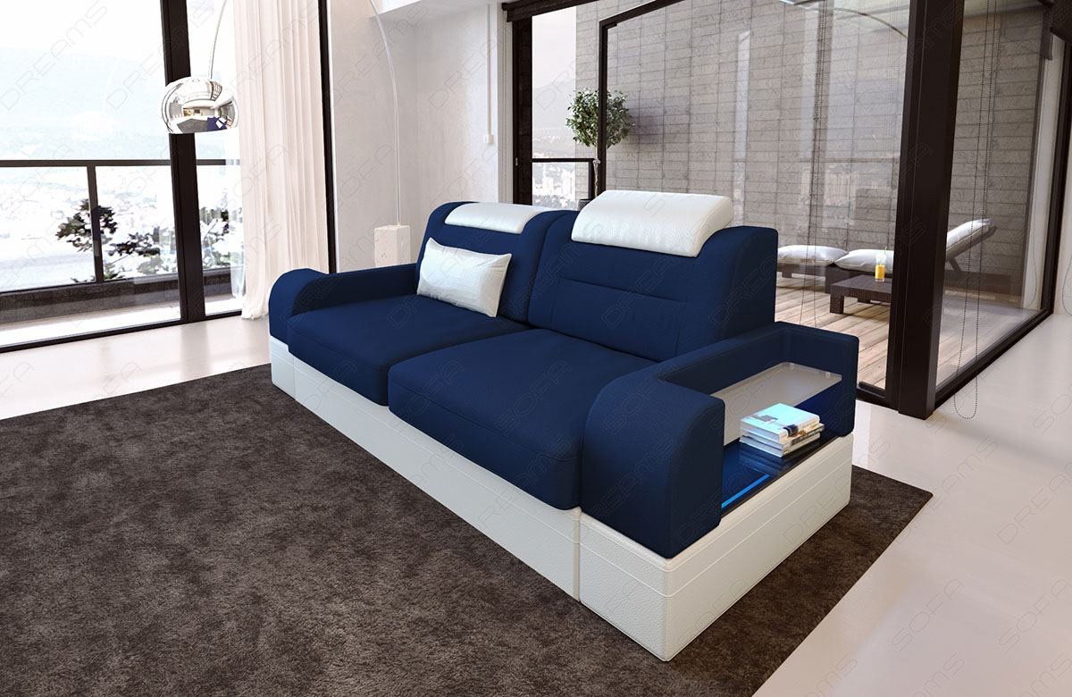 2 Sitzer Sofa Parma in dunkelblau - Mineva17 - Die LED Beleuchtung, USB Anschluss und Relaxfunktion sind optional erhältlich.