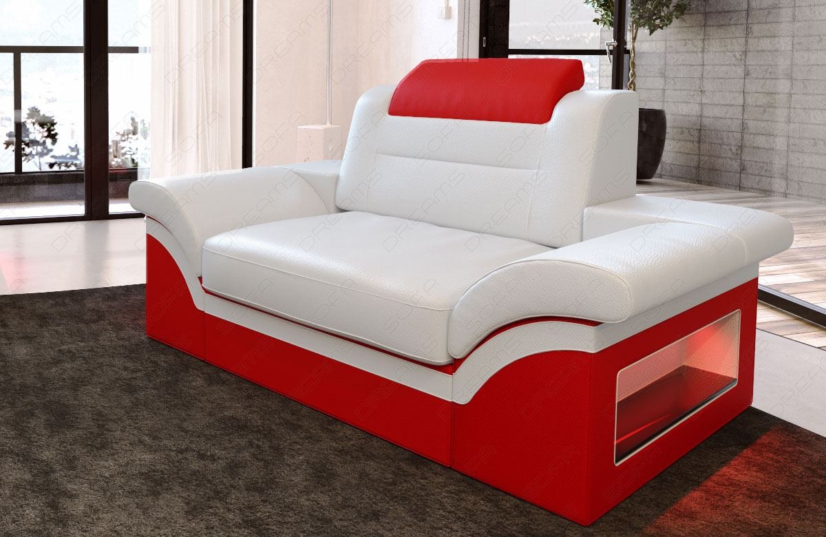 Sessel Monza mit Leder in den Farben weiss-rot - Die LED Beleuchtung, USB Anschluss und Relaxfunktion sind optional erhältlich.