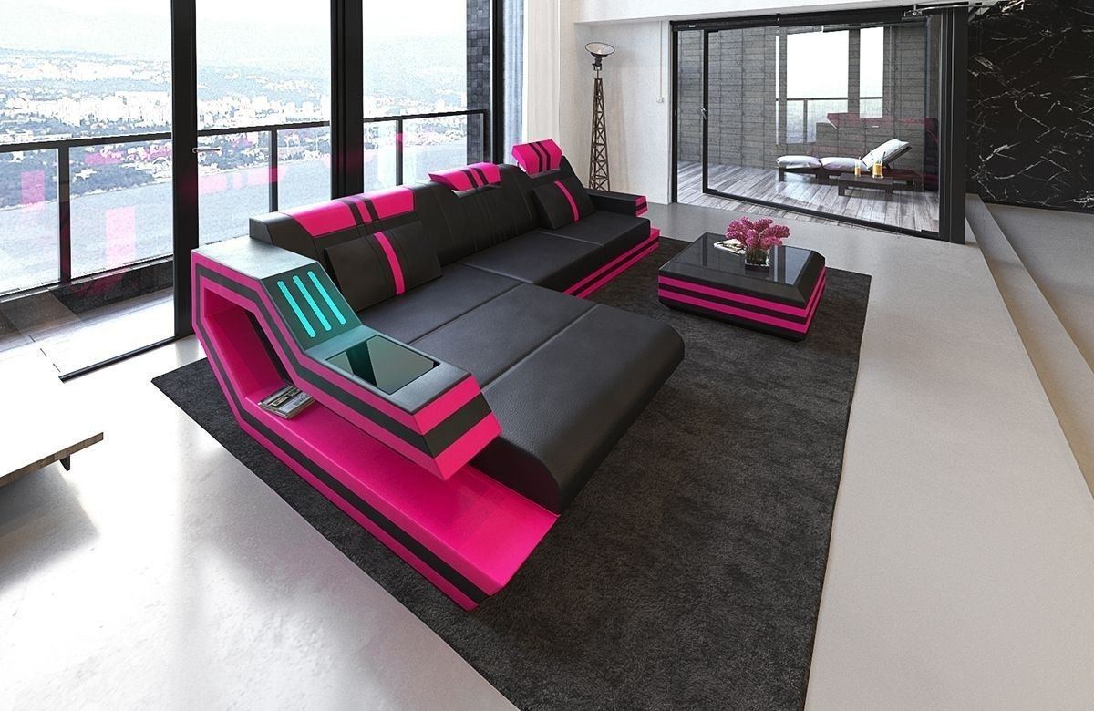 Sofa Ravenna Leder L Form schwarz-pink