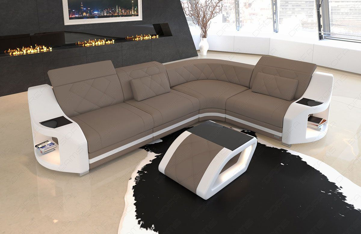L Form Sofa Genua in Mini mit LED und Stoffbezug in taupe - Mineva 21