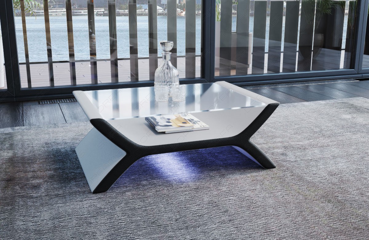 Leder Sofa Tisch Calabria mit LED Beleuchtung in weiss - schwarz