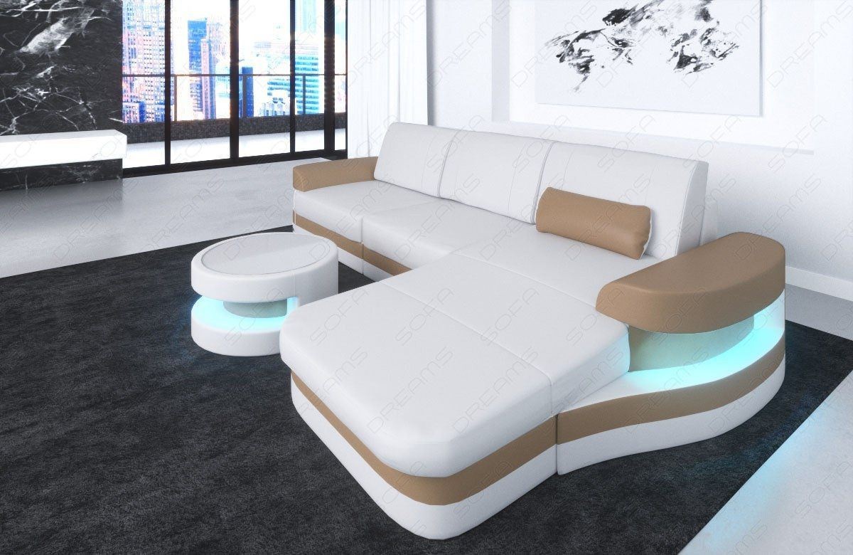Designer Couch Modena L Form LED weiss-sandbeige