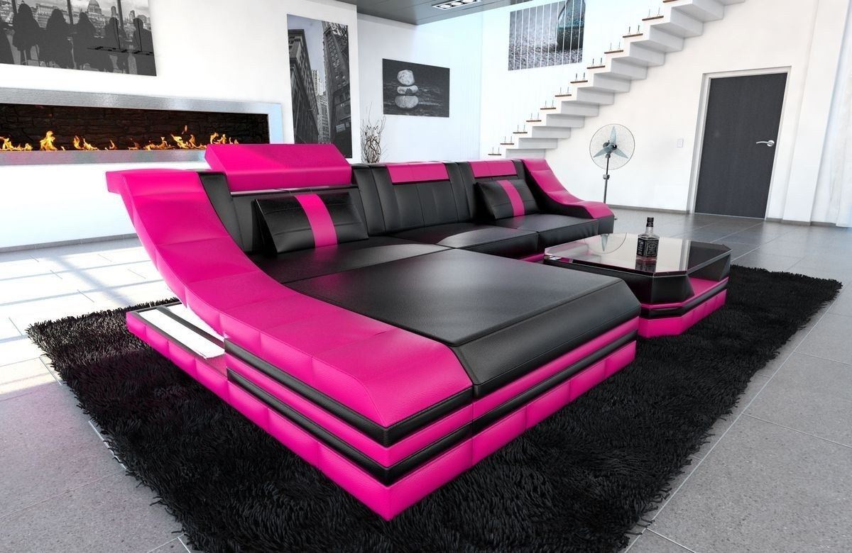 Couch Turino Leder L Form schwarz-pink