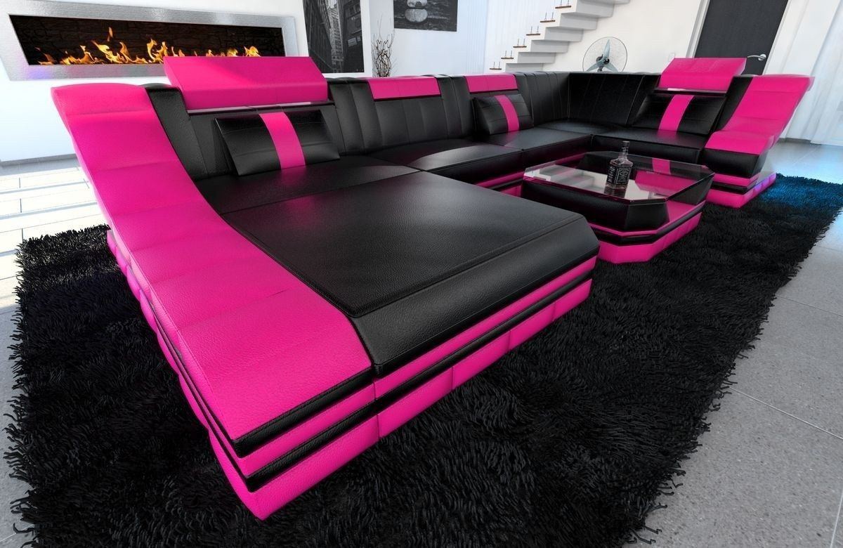 Sofa Wohnlandschaft Leder Turino U Form schwarz-pink