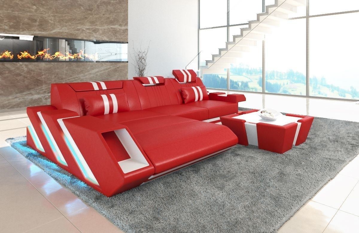 Luxus Sofa Leder Apollonia L Form mit LED Beleuchtung rot-weiss