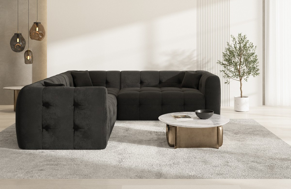 Designer Stoffsofa Sevilla L Form mit Samtstoff Bezug - Schwarz