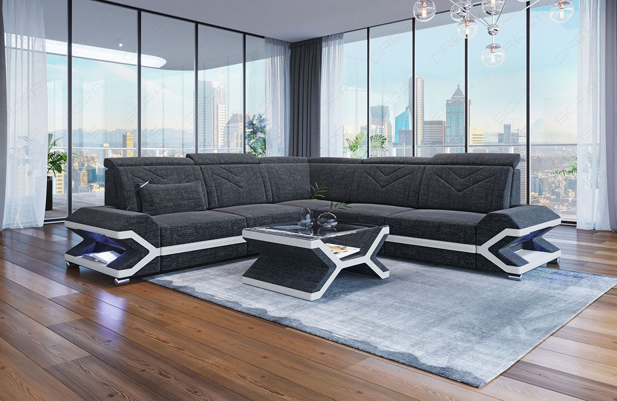 Mini L Form Sofa Sorrento mit LED und Stoffbezug in schwarz-grau - Hugo12 Strukturstoff