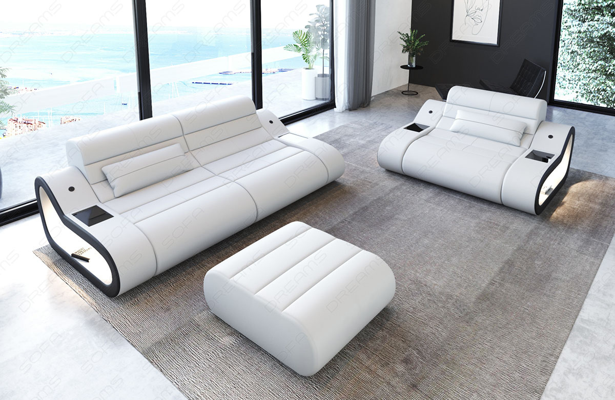 Design Leder Couch Garnitur Concept 2-1 in weiss-schwarz