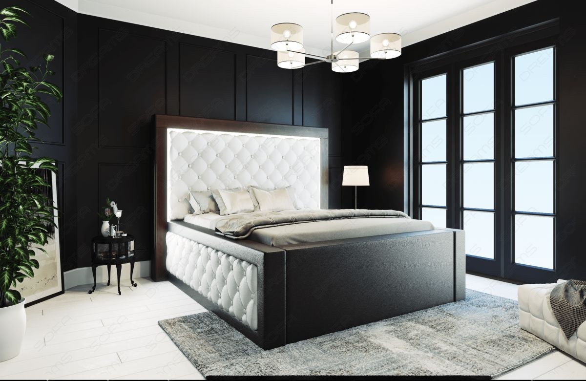 Elegantes Designerbett Varese gesteppt mit LED in weiß-schwarz - Matratze und Lattenrost optional erhältlich