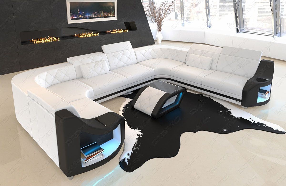 Couch in Leder Wohnlandschaft Genua mit verstellbaren Kopfstützen in weiss - schwarz
