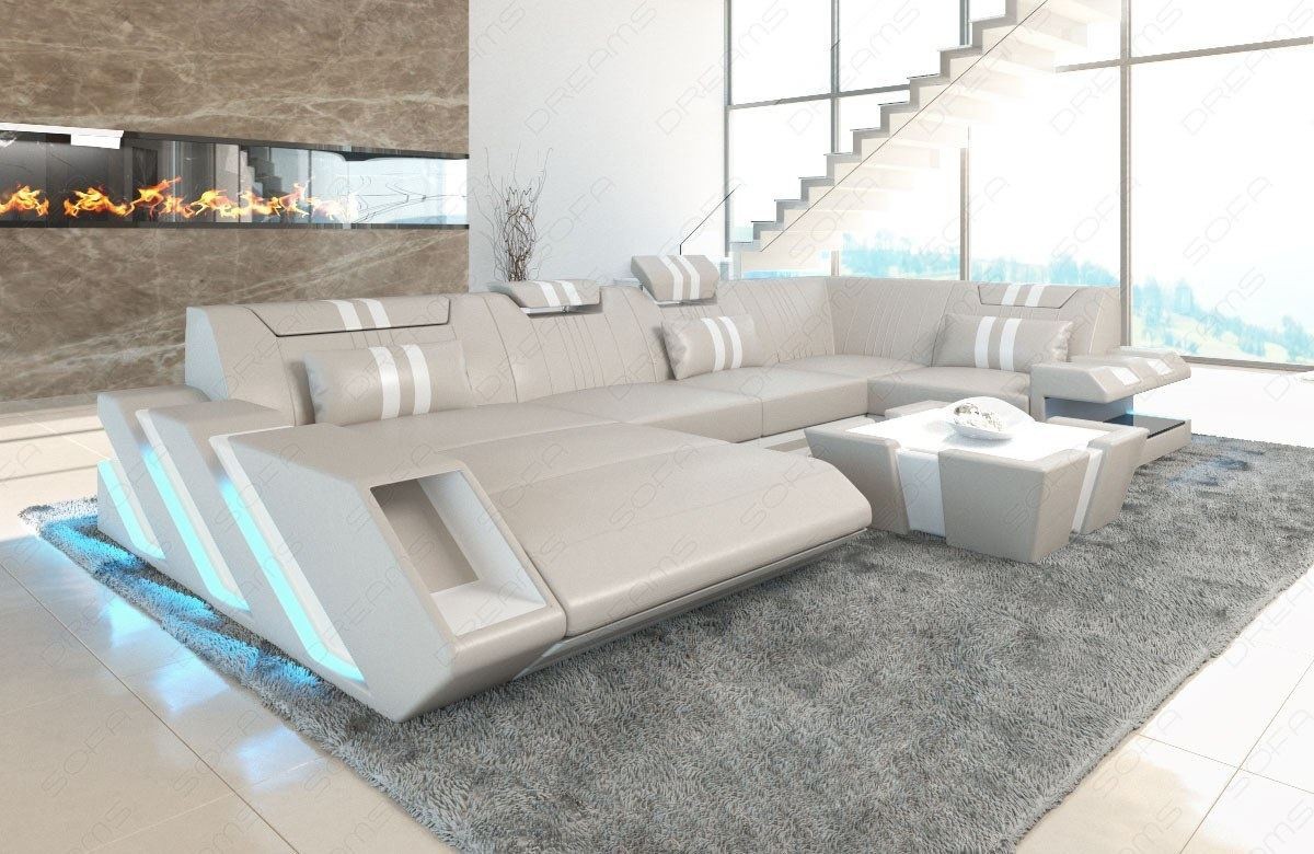 Couch Wohnlandschaft Apollonia U Form mit LED in beige-weiss