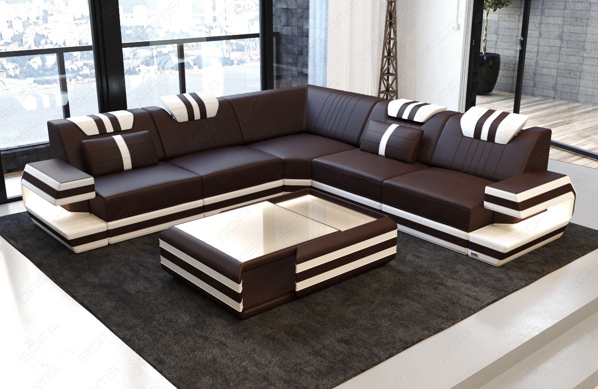 Design Sofa Ragusa L Form Leder dunkelbraun-weiss mit LED Beleuchtung RGB