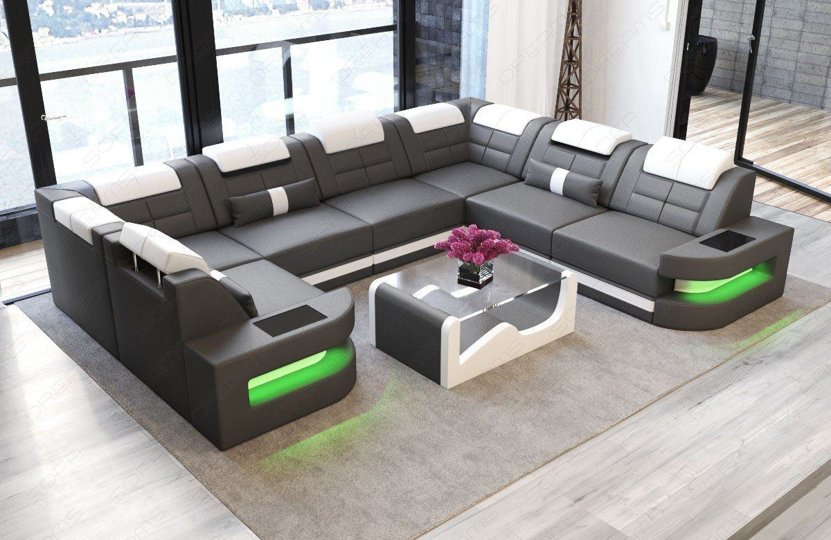 Leder Couch mit Beleuchtung Sofa grau