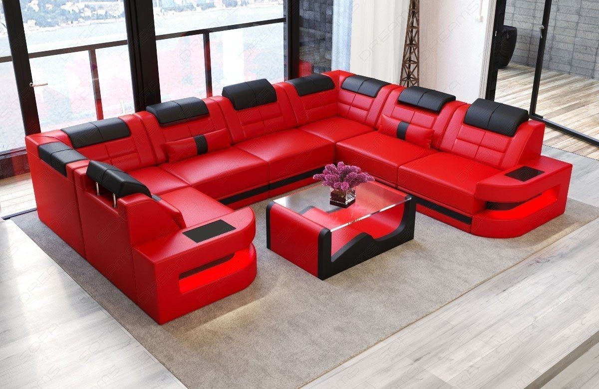 Sofa Wohnlandschaft Como Leder U Form rot-schwarz