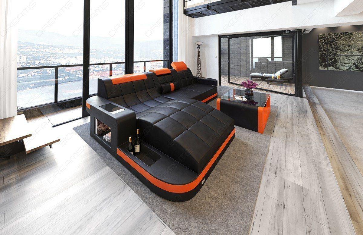 Designersofa Wave mit gemütlicher Ottomane - schwarz-orange