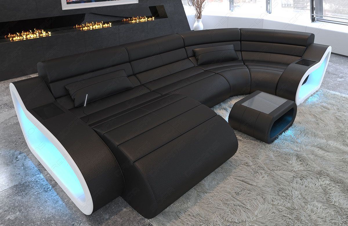 Sofa Couch München in Leder mit LED Beleuchtung in schwarz - weiss