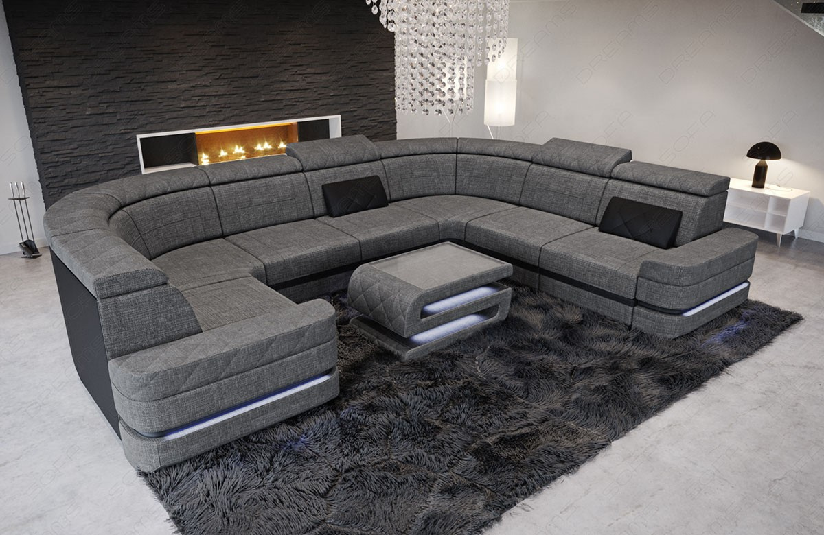 U Form Sofa Positano Mini mit LED, USB und in einem Stoffbezug in grau - Hugo5 - Nebenfarbe schwarz Strukturstoff