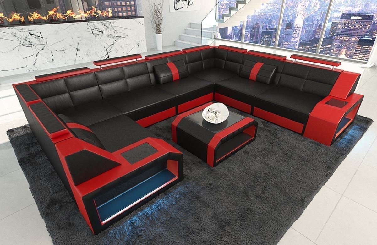 Sofa Wohnlandschaft Leder Pesaro U Form schwarz-rot