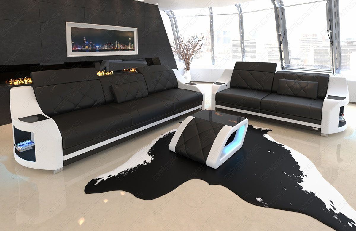 Sofa Garnitur Swing mit LED Beleuchtung in Leder schwarz - weiss
