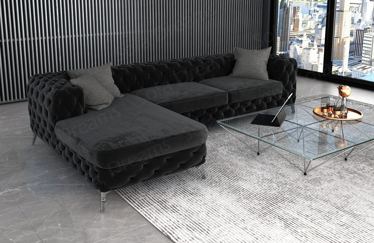 Luxus Polster Ecksofa Cordoba L Form kurz in Samt Schwarz mit silberen Sofabeinen