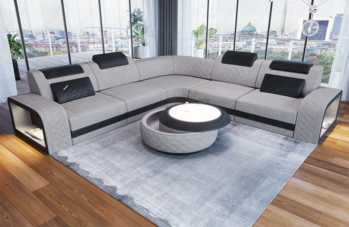 Sofa Foggia Mini L Form mit LED und Stoffbezug in macchiato - Hugo2 - Akzentfarbe schwarz Strukturstoff