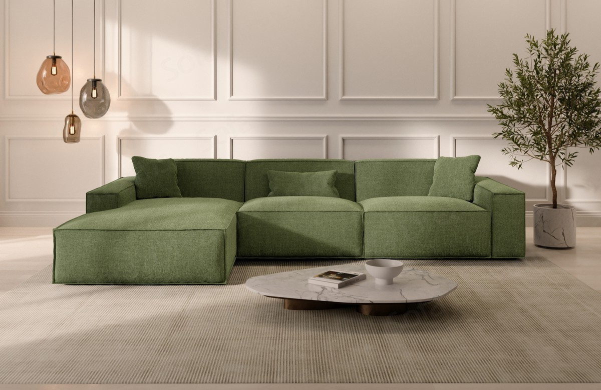 Design Polster Ecksofa Formenta L Form mit Strukturstoff Bezug in Grün