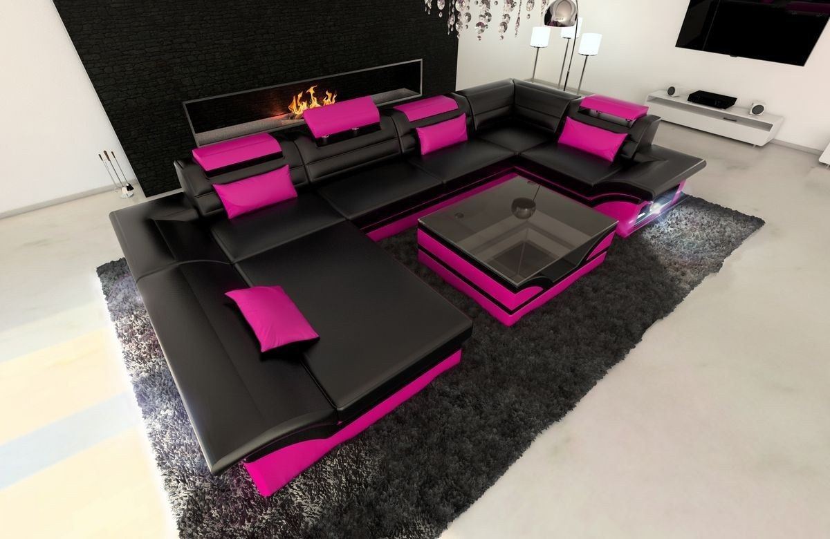 Leder Wohnlandschaft Enzo U Form Sofa in Schwarz-Pink