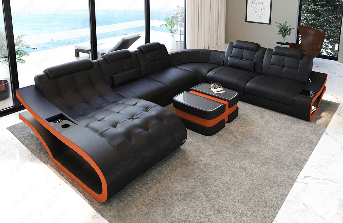 Moderne Leder Wohnlandschaft Elegante XXL mit LED in schwarz-orange