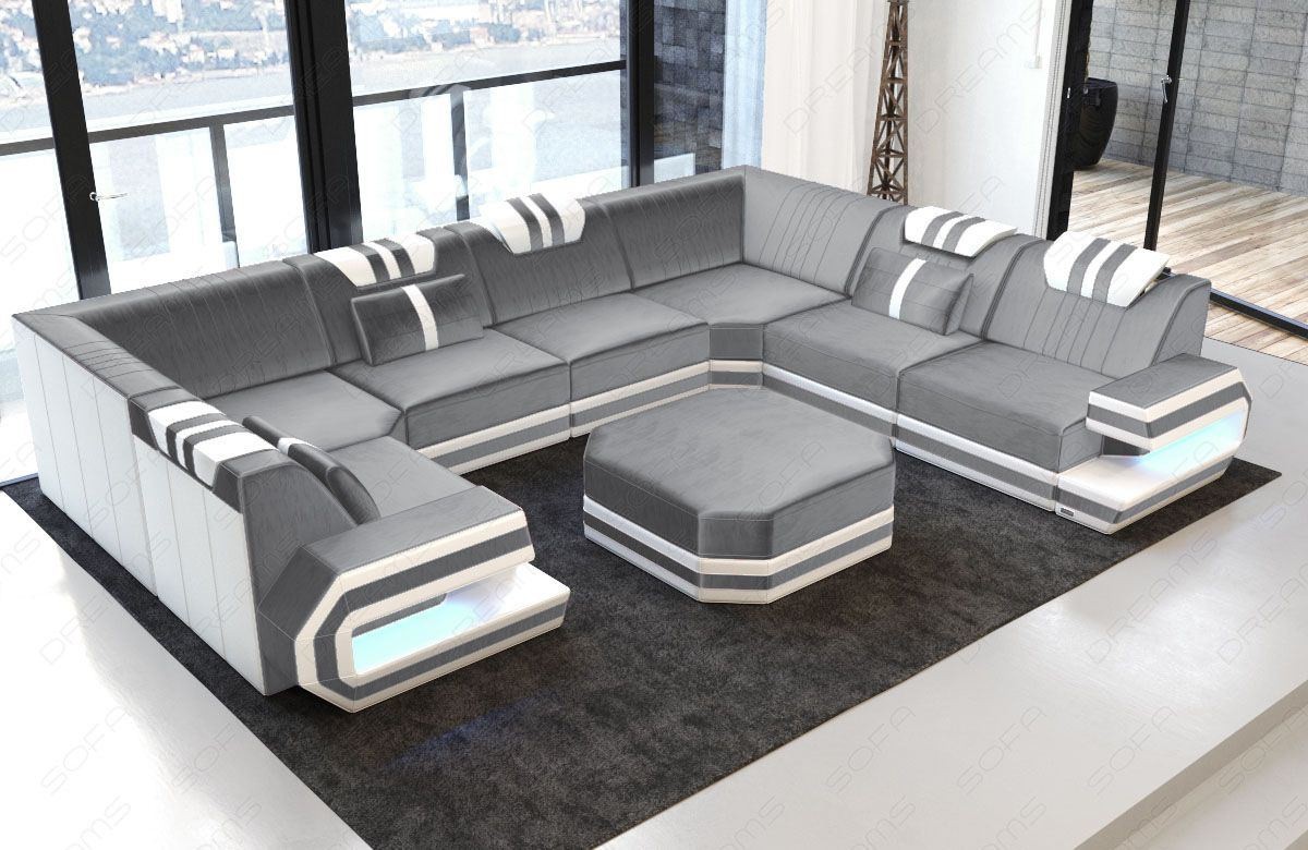 Samtstoff Sofa Ragusa U Form mit LED-Beleuchtung in warmgrau - SunVelvet1024