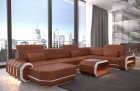 Sofa Wohnlandschaft Leder Roma U Form braun-weiss