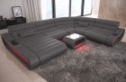 Leder Sofa Wohnlandschaft Concept XXL mit Ottomane Leder in grau