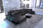 Designer Sofa Venedig C Form mit Recamiere und LED Beleuchtung in schwarz - grau