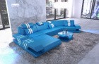 Designer Sofa Venedig C Form mit Recamiere und LED Beleuchtung in blau - weiss