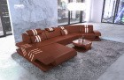 Designer Sofa Venedig C Form mit Recamiere und LED Beleuchtung in brau - weiss