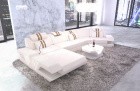 Ledercouch Couch Venedig C Form mit Ottomane und LED Beleuchtung - weiss - sandbeige
