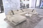 Ledercouch Couch Venedig U Form mit Ottomane und LED Beleuchtung - beige - schwarz