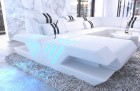 Ledersofa Couch Venedig U Form mit Ottomane und LED Beleuchtung in weiss - schwarz