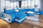 Design Leder Wohnlandschaft Berlin XXL in blau - weiss