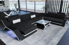 Sofa Wohnlandschaft Calabria XXL inklusive Couchtisch Calabria mit LED in Strukturstoff Hugo14 Schwarz-Weiß