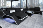 Sofa Wohnlandschaft Calabria XXL inklusive Couchtisch Calabria mit LED in Strukturstoff Hugo14 Schwarz-Weiß