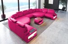 Leder Sofa Wohnlandschaft Asti XXL in pink-schwarz mit LED Beleuchtung