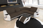 L Form Sofa Genua in Mini mit LED und Stoffbezug in braun - Hugo8 Strukturstoff