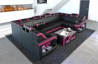Leder Wohnlandschaft Padua U Form in schwarz-pink mit LED Beleuchtung