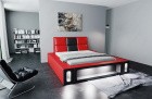 Edles Designerbett Venosa mit Kunstlederbezug und LED Beleuchtung in rot-schwarz